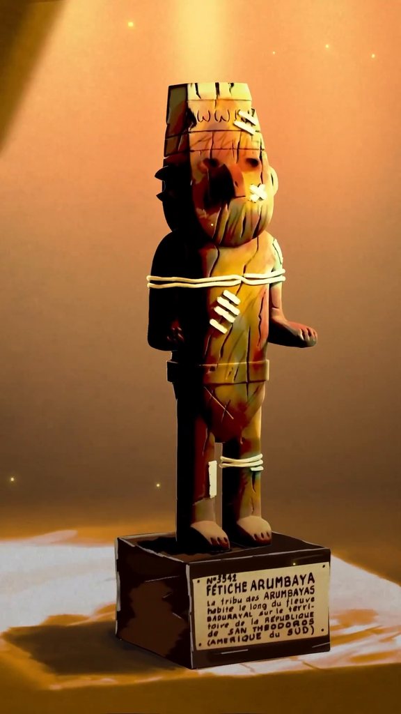 Statuette d’un fétiche de bande dessinée modélisée en 3D, posée sur son socle sous un faisceau de lumière