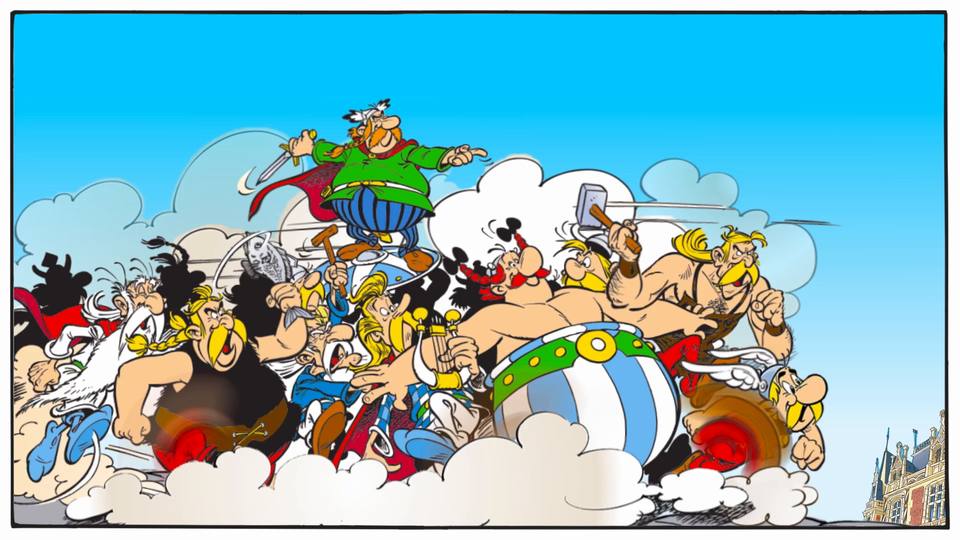 Abraracourcix sur son bouclier et Obélix mènent la horde gauloise, dessin d’Albert Uderzo animé