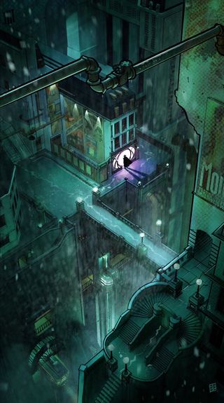 Concept art d’Omega : la ville sous la pluie vue en plongée, et le portail au loin
