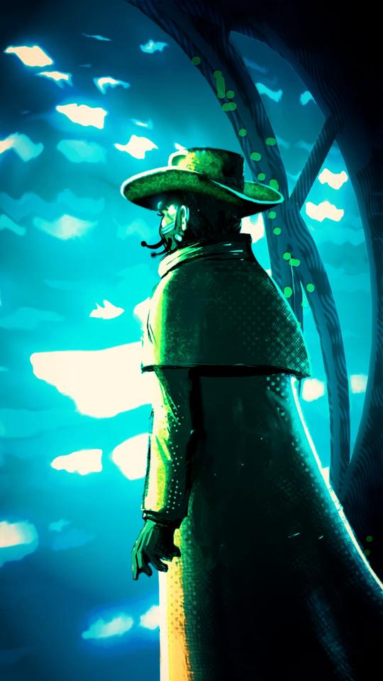Le mercenaire au chapeau et au long manteau, de l’autre côté du portail Omega, sous un ciel de nuages