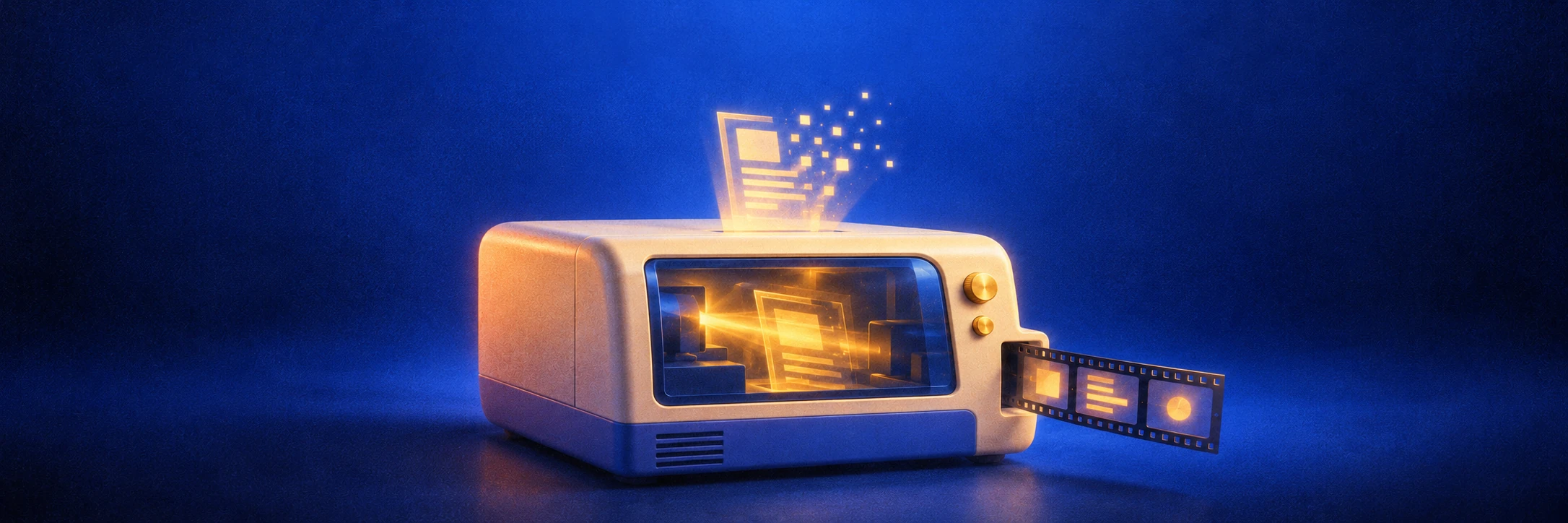 Scanner rétro-futuriste crème et bleu, traitant un document confidentiel sous un faisceau doré.