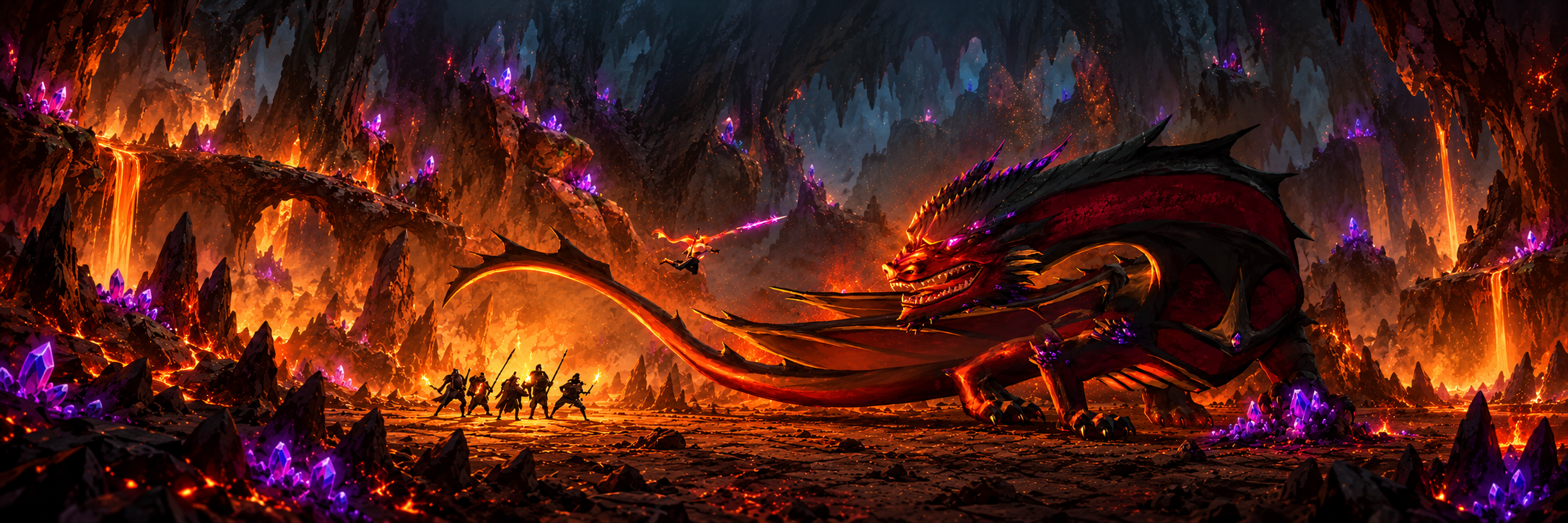 Scène de motion comic Kryxivia : un dragon face à un groupe d’aventuriers, version panoramique contrastée.