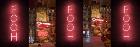 Visuel du Fake Out-Of-Home des César, représentant un César géant compressant l’Olympia, mêlant illusion et création 3D.