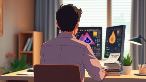 Motion designer de dos travaillant sur After Effects, avec des factures à côté, illustrant le salaire et la précarité du métier en France